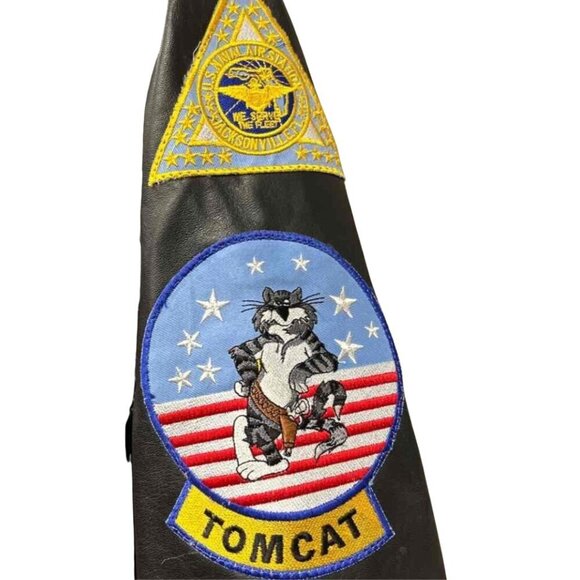 Top Gun Real Leather Black Bomber Jacket W/ Patches Men’s Size Large Coat NWT - Picture 10 of 11